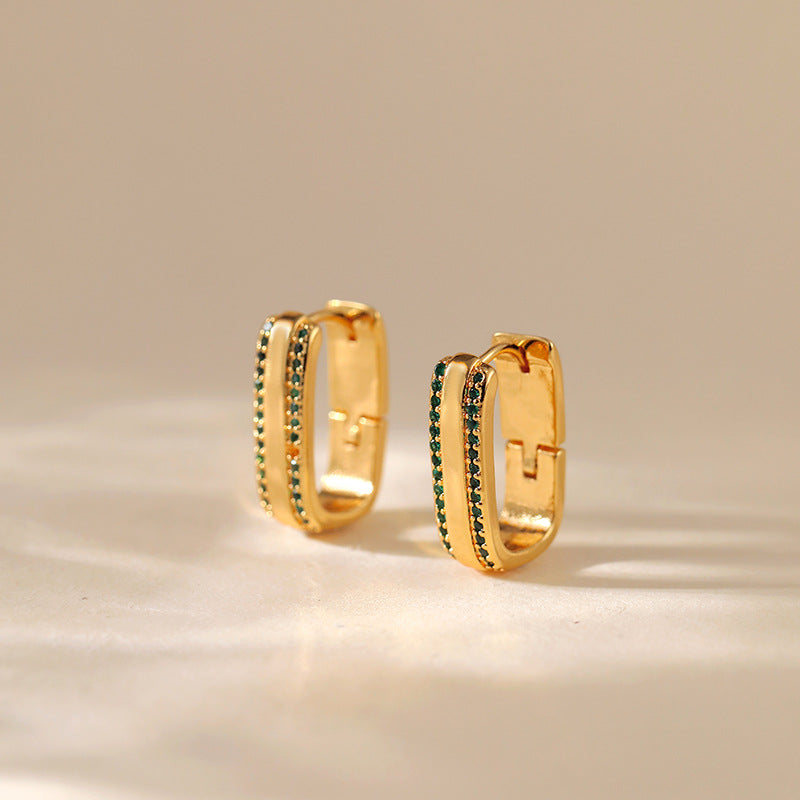Color-preserving geometric square minimalist cool wind earrings inlaid with zircon light luxury business commuter fashion OL earrings are real gold plated