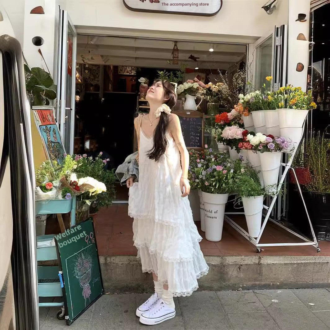 Sweet age reduction white french slip dress women's summer resort style small man loose cake long skirt