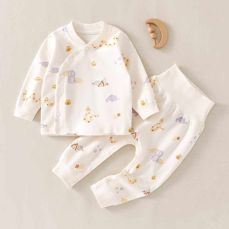 Infant high-waisted suit spring and autumn belly protection two-piece pajamas baby loungewear Class A cotton bottom layer