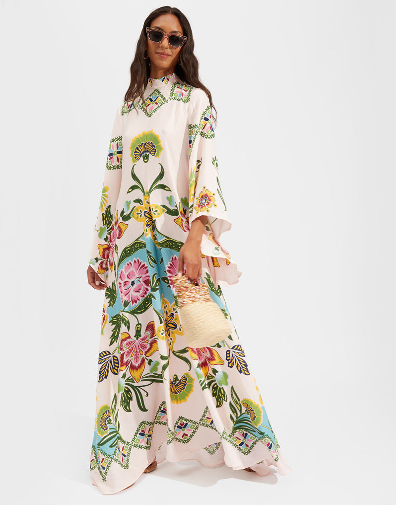 Cross-border foreign trade independent station Amazon Europe and the United States new summer print three-quarter sleeve stand-up collar dress