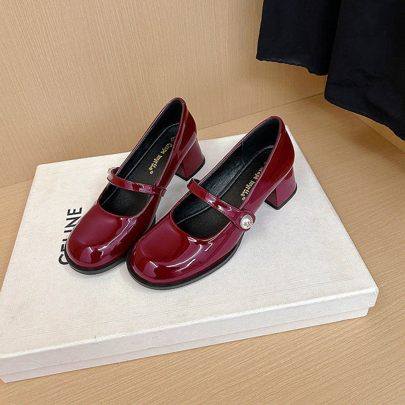 Su Yinyin's Barbie ~ Korean round toe pearl red block heel single shoes Mary Jane shoes women's small leather shoes