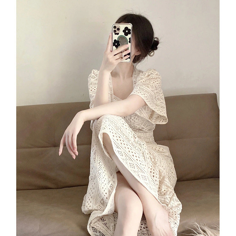 French temperament cut-out lace dress 2024 new summer sister light mature style thin square neck long skirt women