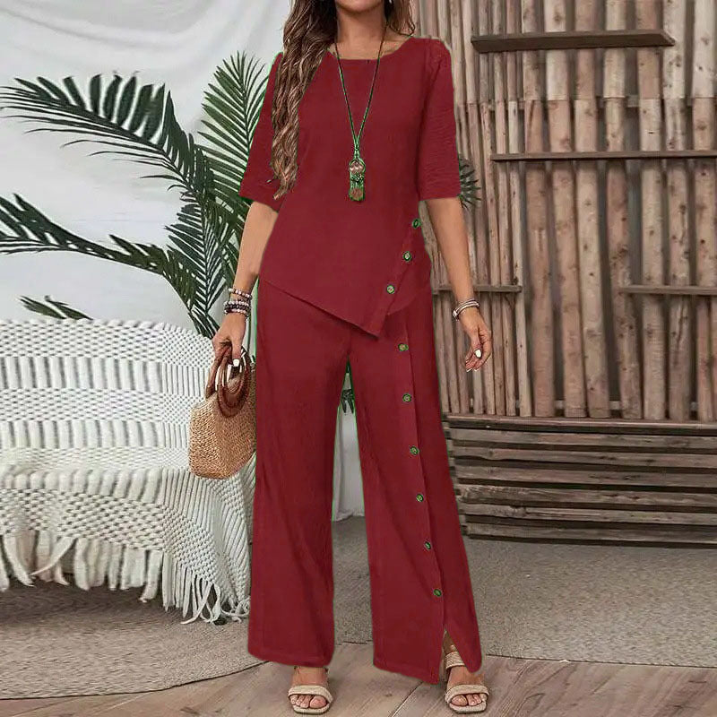 2025 Women's Irregular Hem Trousers Set Elegant Fashion Casual Buttoned Half Sleeve Shirt Loose Two-Piece Set