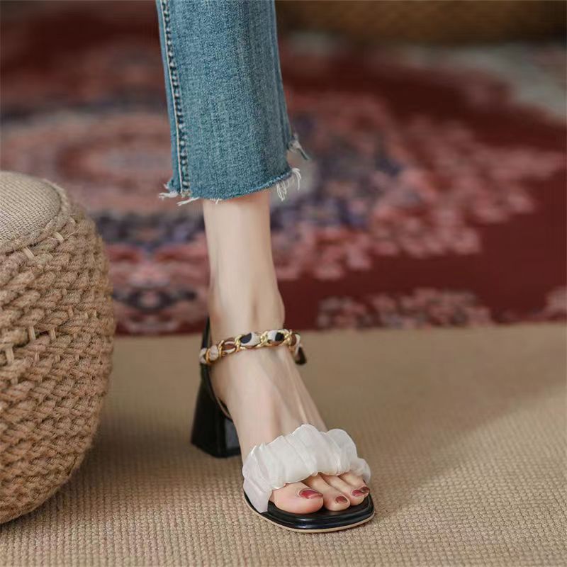 Real soft leather sandals women's 2025 summer new fairy style with skirt with block heel comfortable and versatile high heels