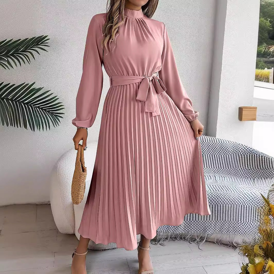 2024 Europe and the United States Fall/Winter Elegant Stand-up Collar Long Sleeve Cinched Waist Pleated Long Skirt Small Dress Amazon Cross-border Women's Wear