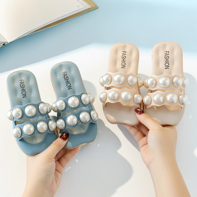 Children's parent-child slippers are worn outdoors in summer, indoor fashion, big pearls, fairy style, soft soles, girls' home, four seasons sandals