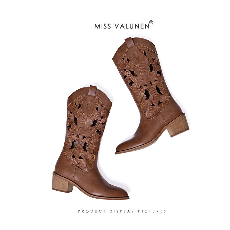 Miss Valunen boots summer cut-out western cowboy boots women's vintage embroidery boots