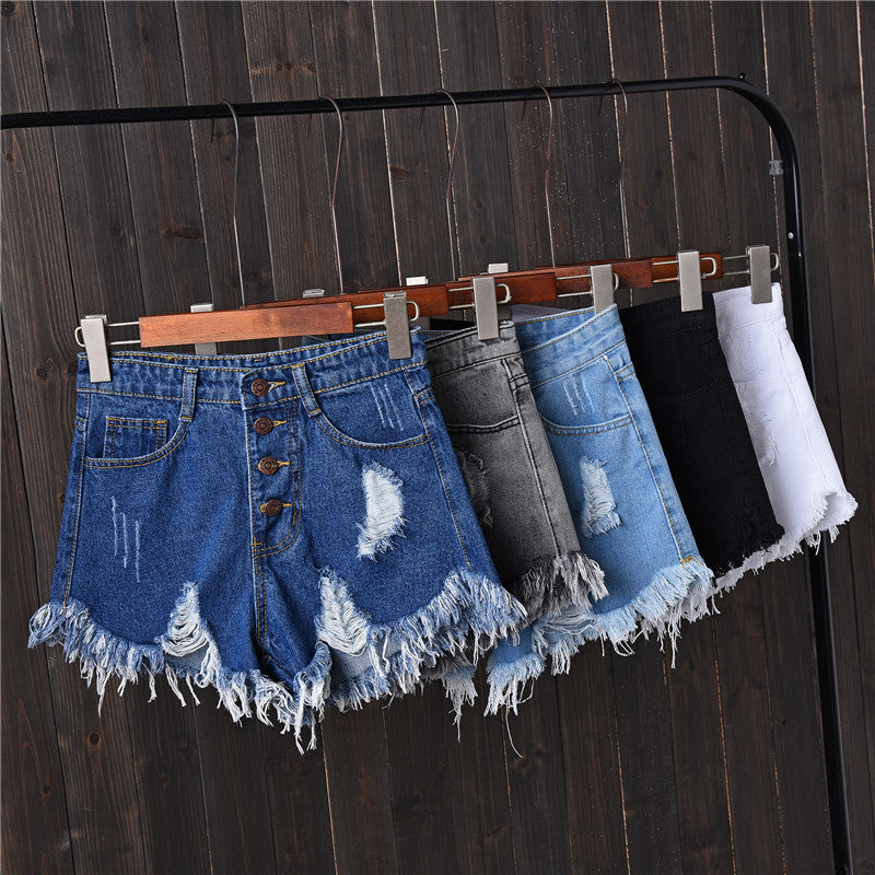 2023 Smoke Gray Ripped Breasted Denim Shorts Women's Summer mm Plus Size Skinny Wide-leg Pants Beggar's AA Hot Pants Raw Edges