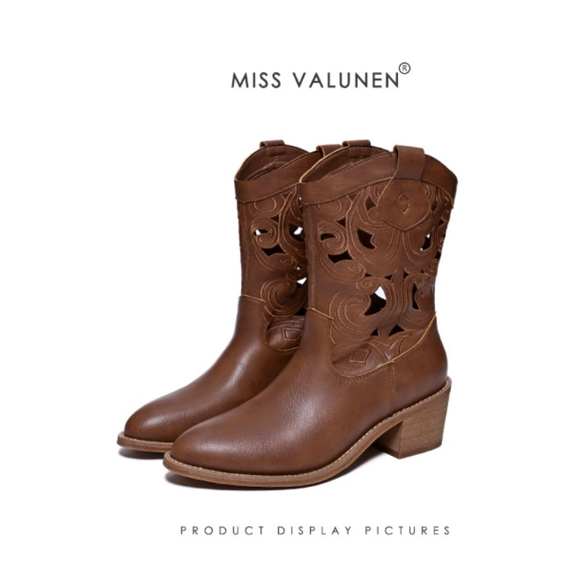 Miss Valunen boots summer cut-out western cowboy boots women's vintage embroidery boots