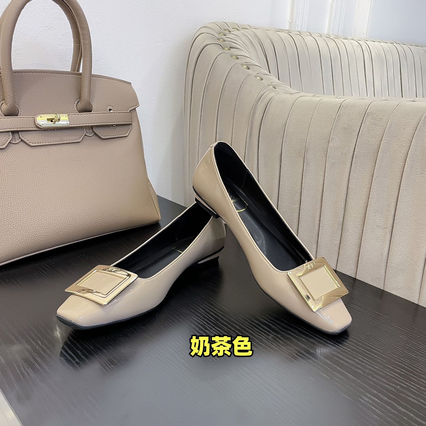 Patent leather square buckle high heels, single shoes, thick heels, medium heels, square toe pumps, women's shoes, commuting office lady, workplace style, thin heel women's shoes