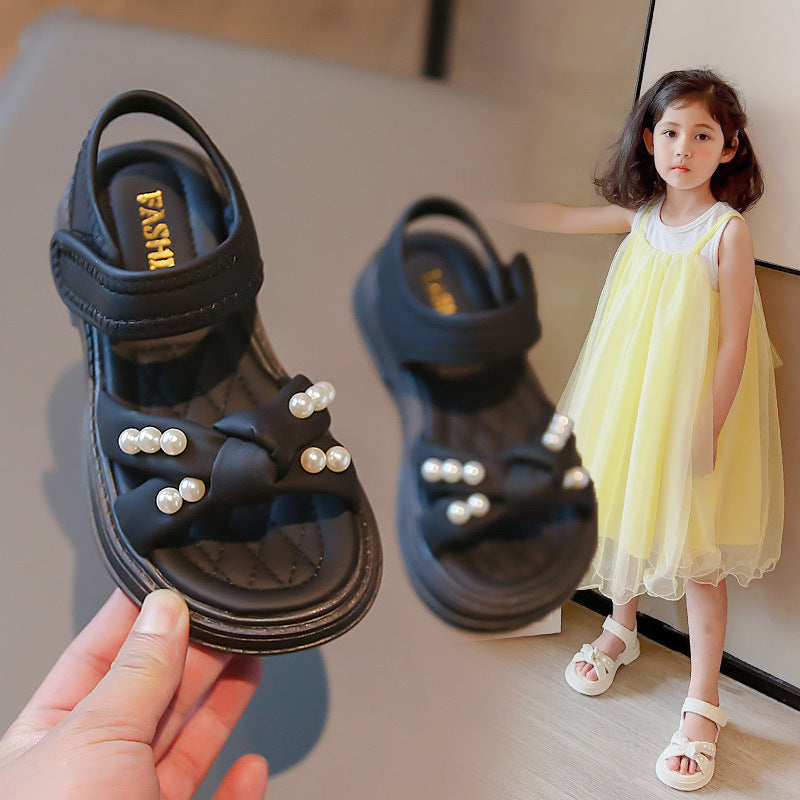 Girls Sandals 2024 Summer New Pearl Kids Shoes Summer Style Girls Foreign Princess Shoes Non-slip Beach Shoes