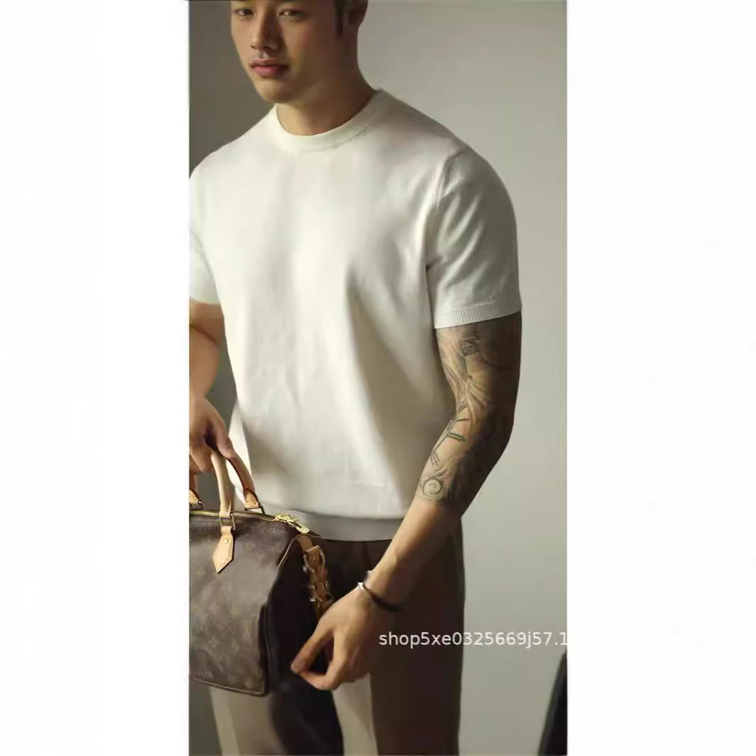 American mercerized cotton ice silk knit sweater, men's small high neck slim short sleeve sweatshirt, cool and breathable, cargo tight-sleeved T-shirt