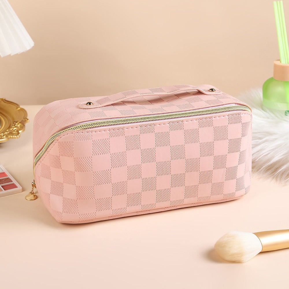 Cross-border hot PU leather cosmetic bag multi-functional checkerboard pillow bag large capacity waterproof travel portable toiletry bag