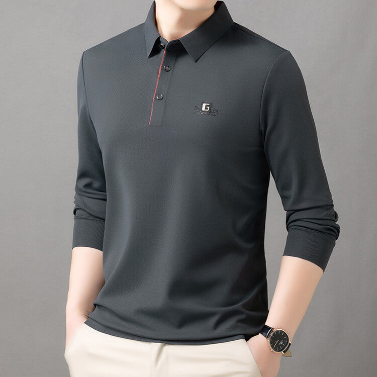 2025 Spring and Autumn Men's Polo Long Sleeve T-Shirt Simple Business Casual Loose Middle-Aged Dad Wear Top Base Shirt