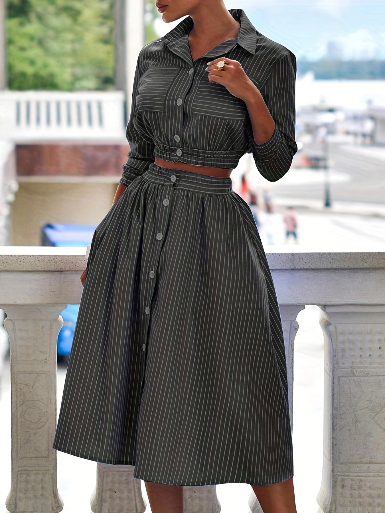 FD496 Spring 2025 Spring New Fashion Temperament Long Sleeved Striped Shirt Set Skirt Two-Piece Set