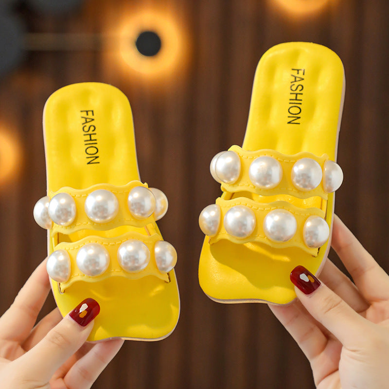 Children's parent-child slippers are worn outdoors in summer, indoor fashion, big pearls, fairy style, soft soles, girls' home, four seasons sandals