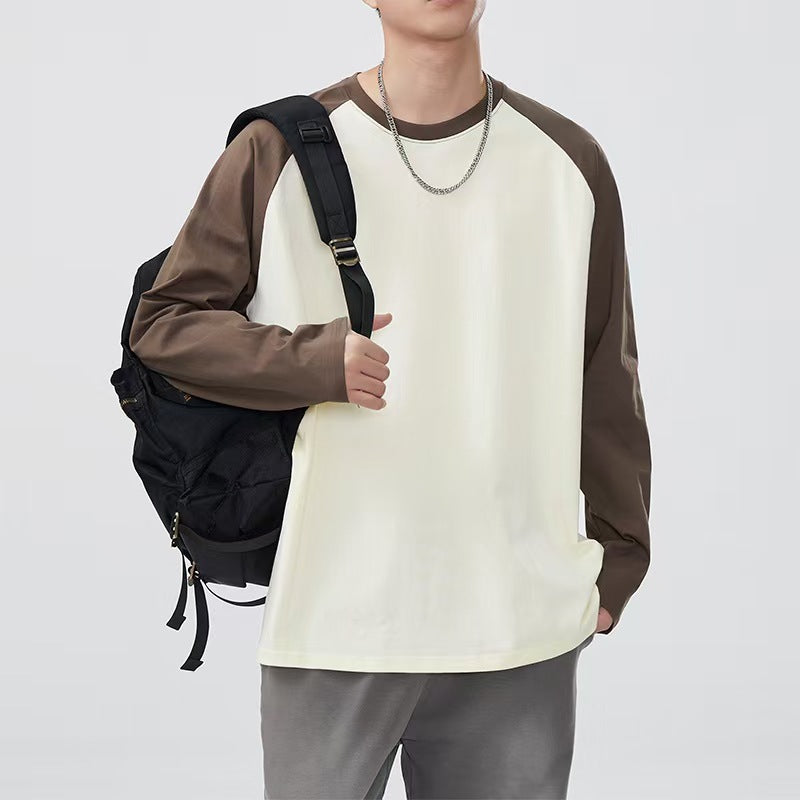 Heavy raglan cotton long sleeve t-shirt men's American contrasting stitching base layer shirt loose crew neck unisex long-sleeved T