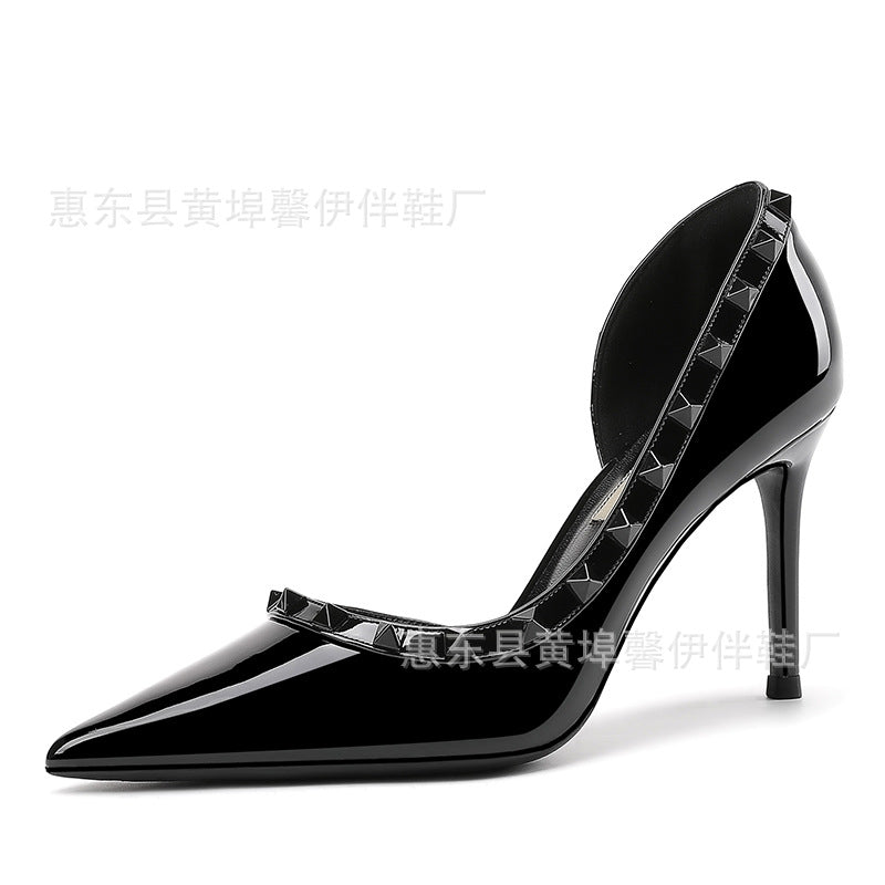 Nude patent leather high heels women's 2025 spring/summer sexy stiletto heels pointed toe side space rivet shoes with studded super high heels