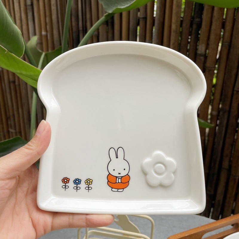 Soft and cute healing Miffy rabbit toast plate, cute rabbit toast shape ceramic plate, small flower flower Japanese dessert plate