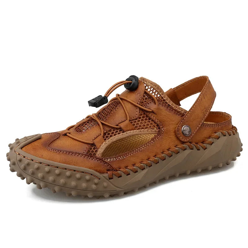 Cross border plus size men's mesh casual sandals fashion trend leather beach shoes cowhide breathable toe toe semi-slippers