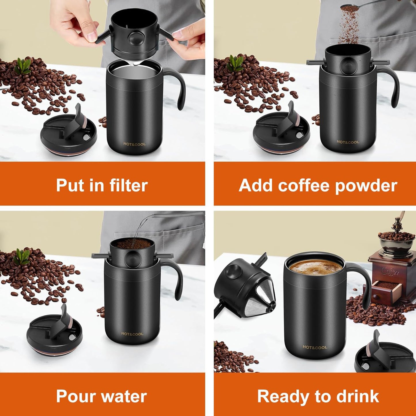 Stainless steel outdoor pour-over coffee mug insulated coffee mug portable folding drip coffee brewing filter set