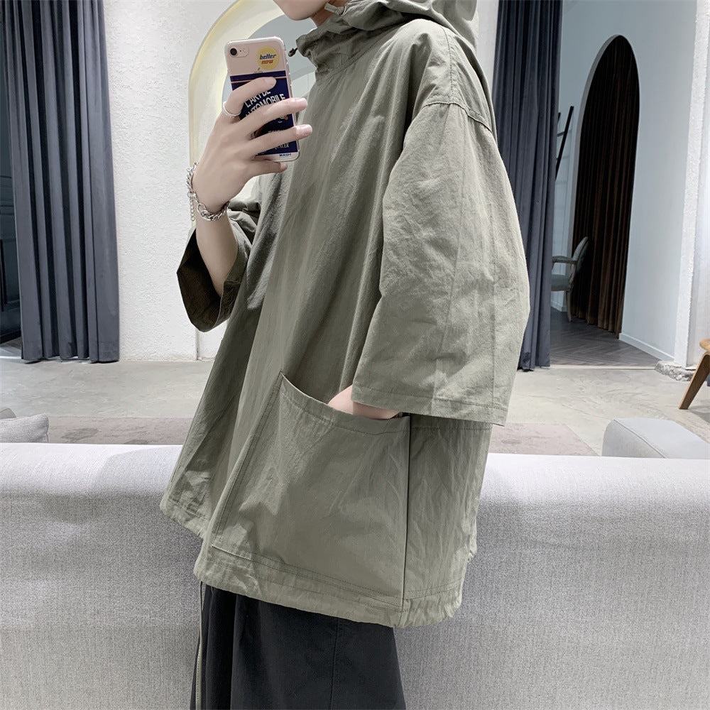 Summer Hooded Short Sleeve T-Shirt Men's Loose Quarter Sleeve Sweatshirt Trendy Trench Coat Type Pullover Medium Sleeve Clothes Summer Dress