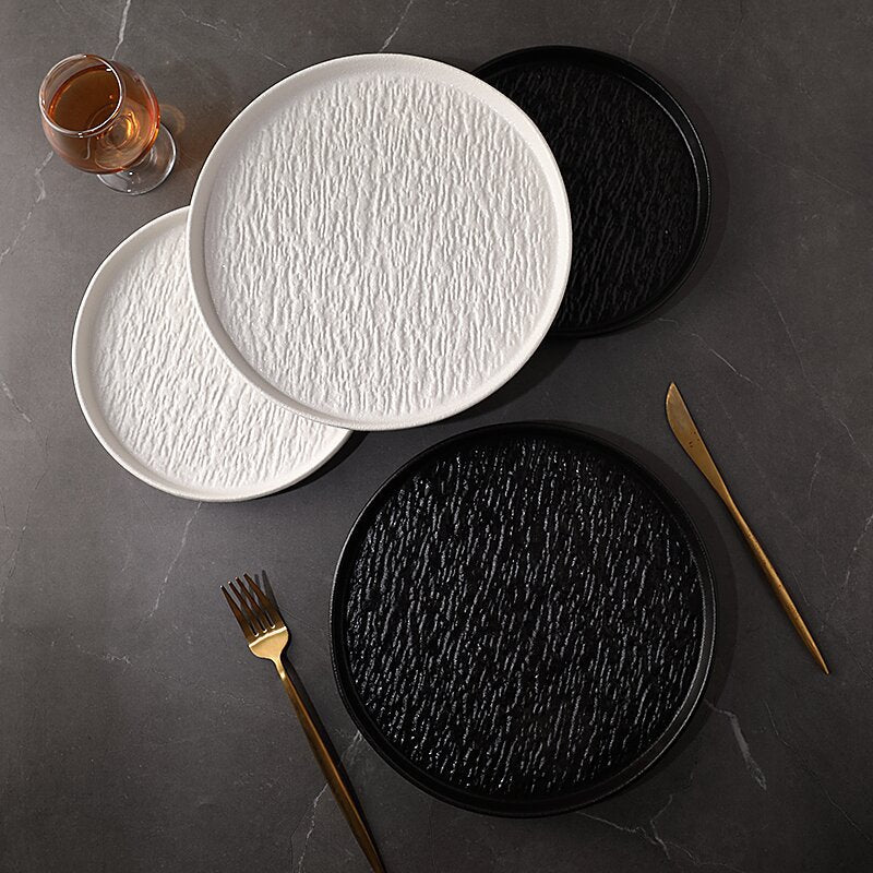 Rock pattern round steak steak plate western food plate japanese simple black and white ceramic restaurant tableware premium sense wholesale