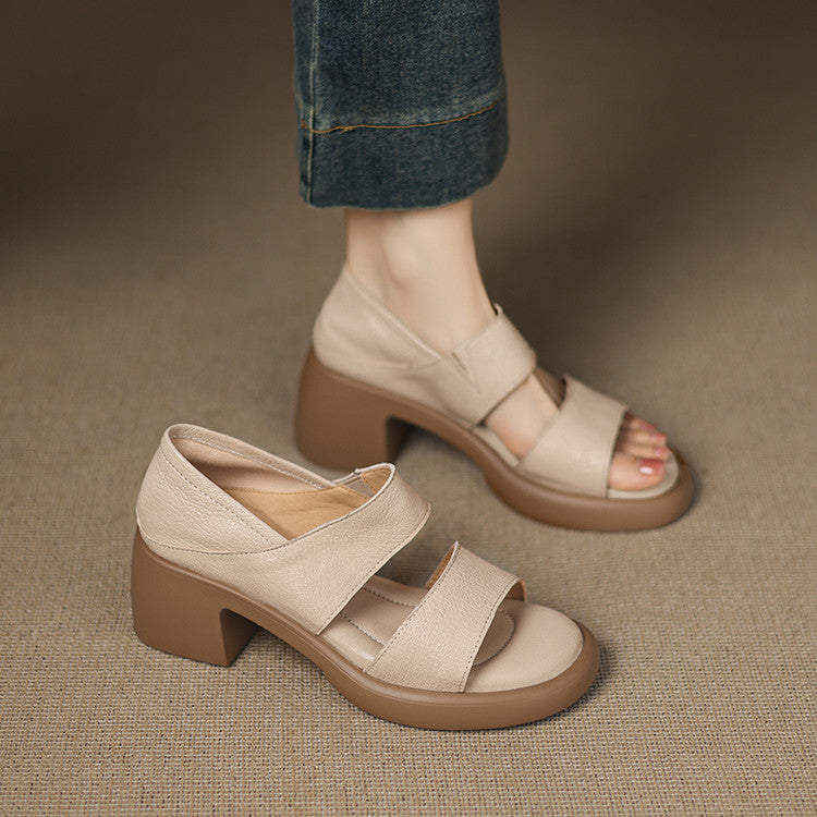 Soft leather version ~ 6cm ultra-soft leather soft sole with fish mouth sandals for women wearing block heels and high heels Roman shoes in summer