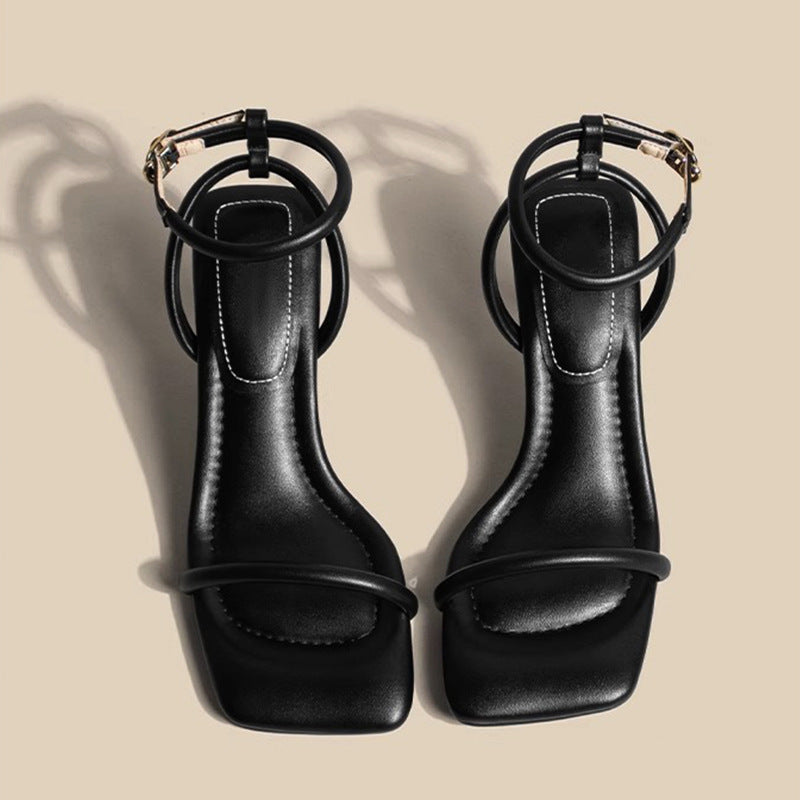 It's so soft ~ stepping on, square toe, open toe, strap, fashion, stiletto sandals, women's summer, white high heels, Roman shoes