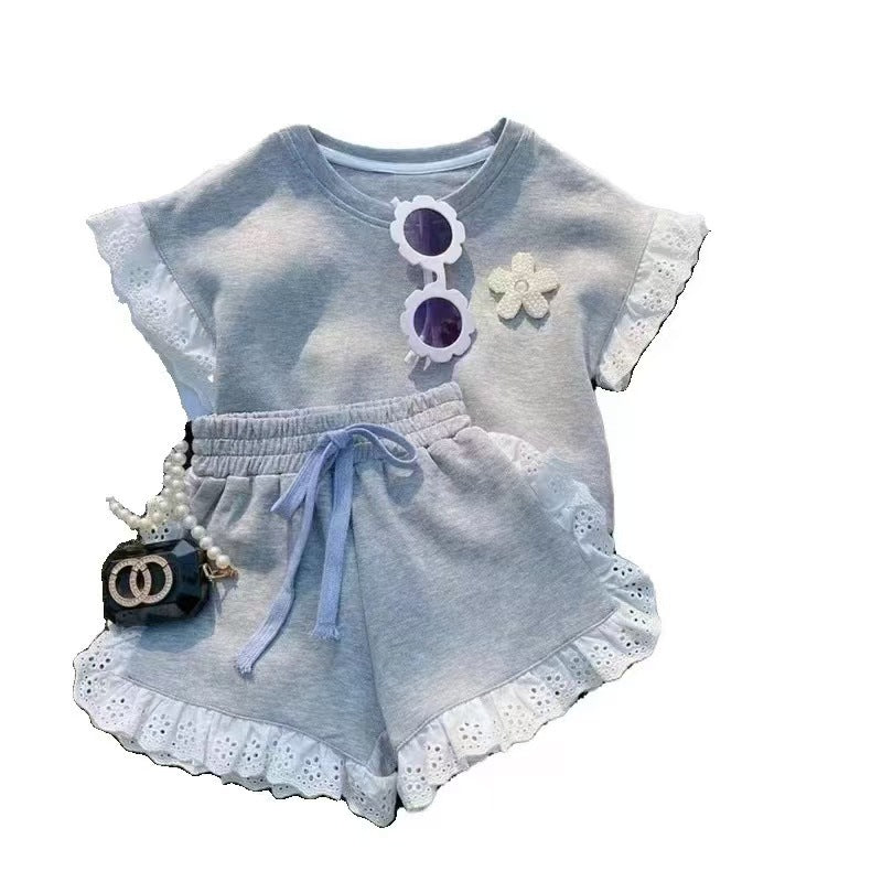 Girls' summer suit, baby Korean casual lace short-sleeved T-shirt, children's shorts two-piece set of foreign style