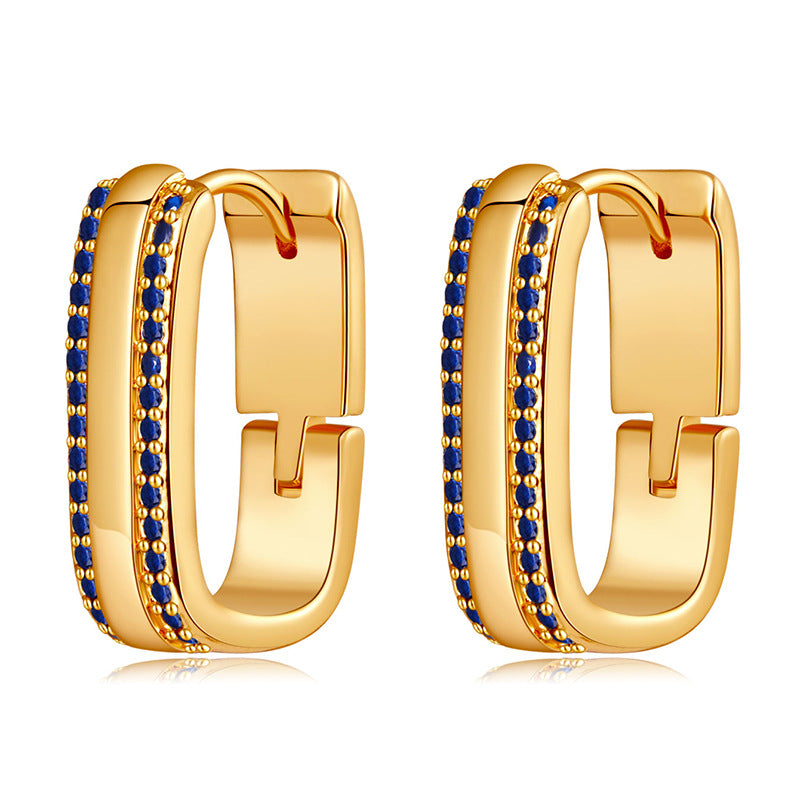 Color-preserving geometric square minimalist cool wind earrings inlaid with zircon light luxury business commuter fashion OL earrings are real gold plated