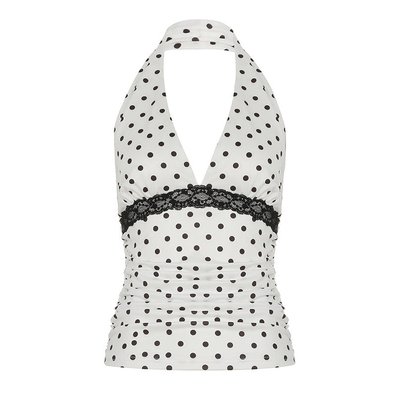 Summer 2024 polka dot print, contrasting lace side panels, V-neck, sleeveless halterneck, leaky back, sexy fashion vest