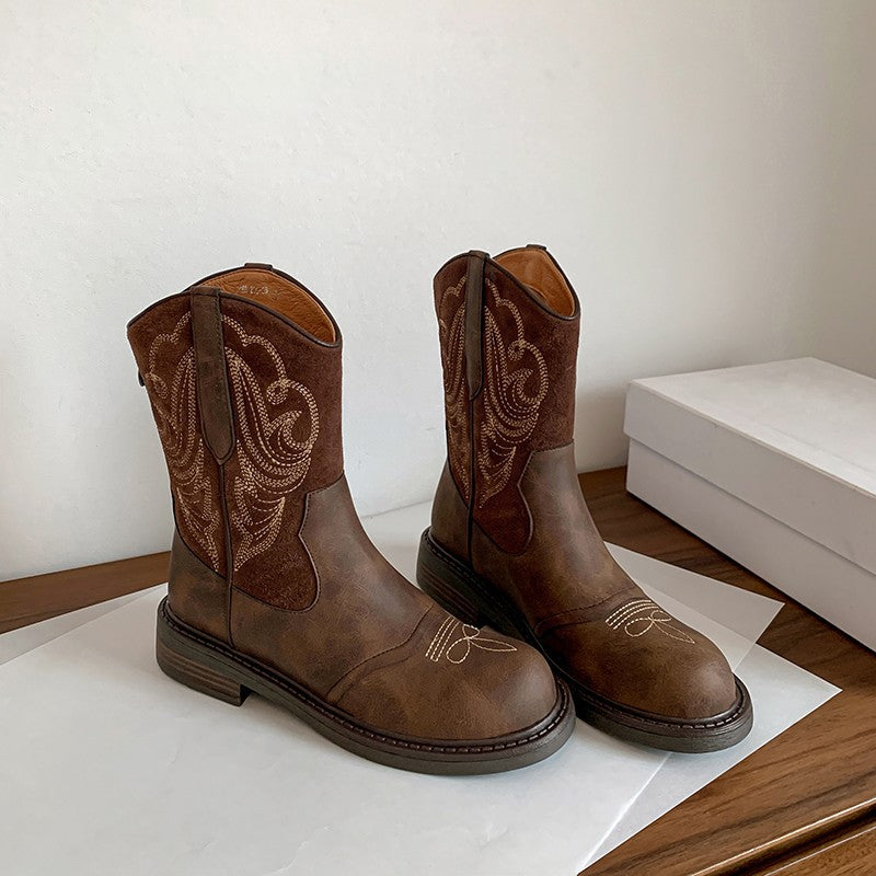 British style vintage embroidered western cowboy boots for women 2024 new autumn Maillard knight booties martin boots