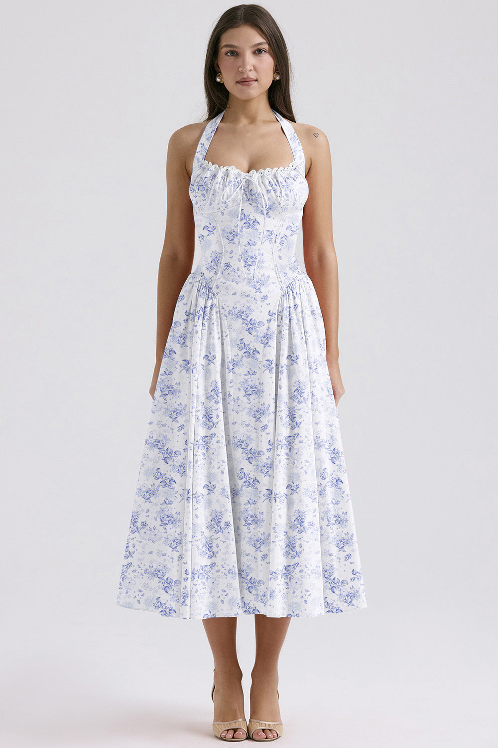 2025 New Summer Slim Slip Long Skirt European and American style fashion print halterneck lace dress
