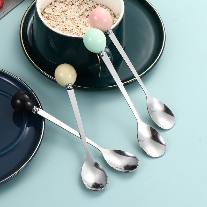 macaron colorful bead handle spoon creative stainless steel fruit fork color glazed stainless steel plastic handle spoon ins