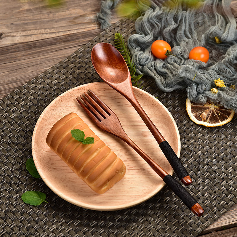 Japanese long handle wooden spoon, wooden fork set, winding thread, wooden soup, soup spoon, solid wood tableware 22.5 cm, factory wholesale