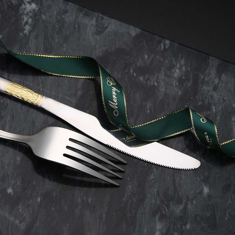 Vintage round handle wheat ears stainless steel cutlery spoon set home dessert spoon fork hotel western steak cutlery cutlery