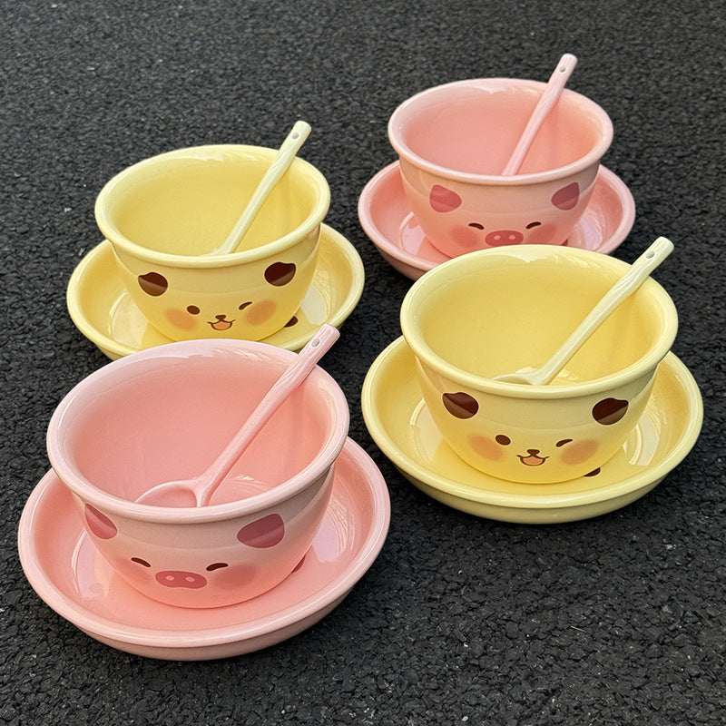 High-value piggy bowl and plate set for home 2024 new one-person ceramic tableware set for couples bowl and plate combination
