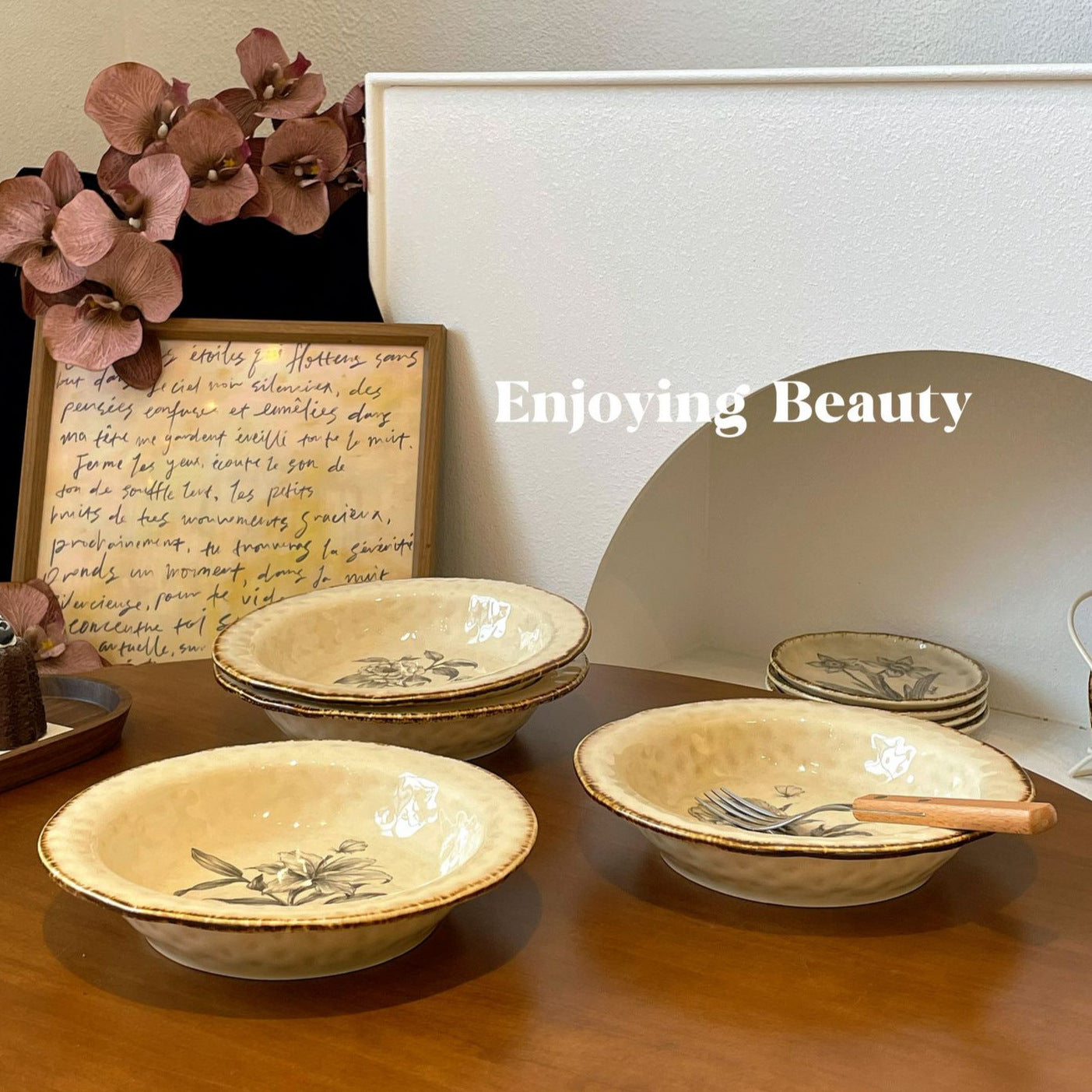 Japanese straw hat plate, vintage floral deep dish, pasta plate, Western food plate, creative plate, vegetable plate, salad plate, dessert plate