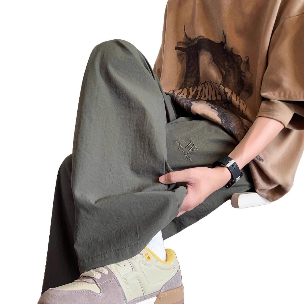 Men's ice silk casual pants 2025 summer thin loose and versatile trend ins American sports wide-leg trousers