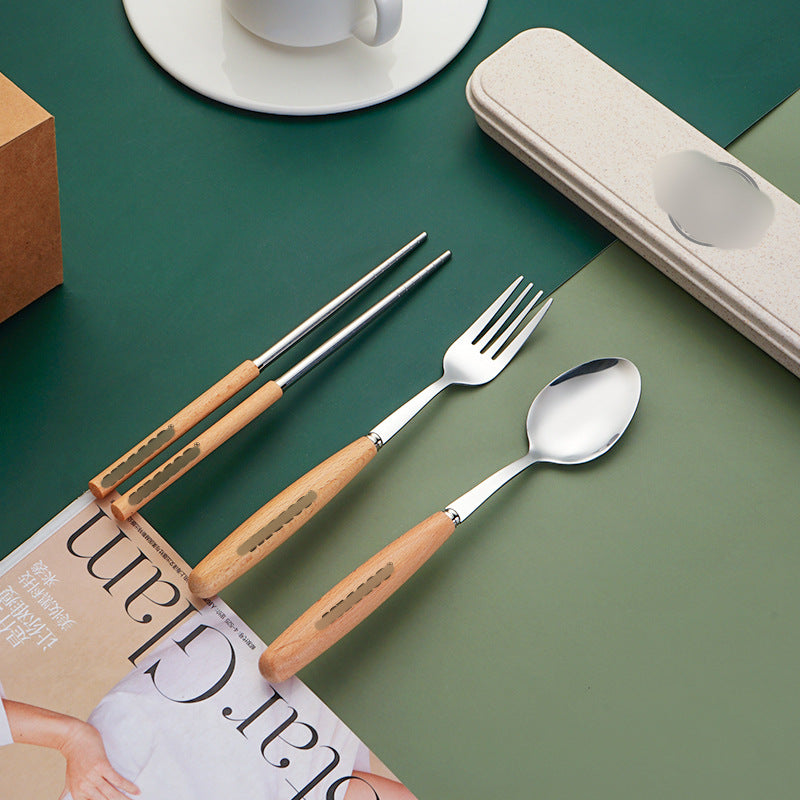 Creative Japanese Wooden Handle Tableware, Stainless Steel Spoon, Fork, Chopsticks Three-Piece Set Starba Goddess Portable Cloth Bag Set Hot Sale