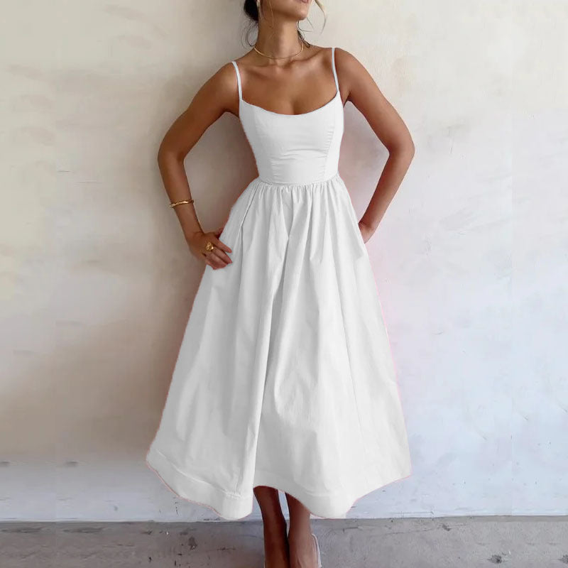 2024 European and American women's foreign trade spring and summer new products solid color sexy U-neck cinched waist pleated suspender large swing dress
