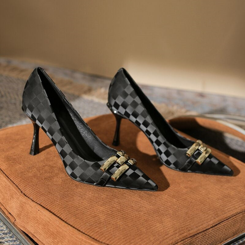 French High Heels Women's Spring and Autumn 2023 New Metal Chain Niche Versatile Pumps Thin Heel Pointed Toe Single Shoes Women