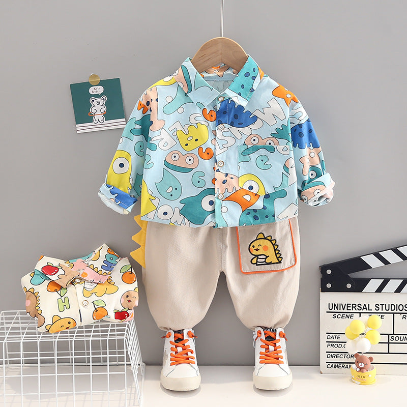 Children's clothing boys' set 2025 new autumn printed dinosaur children's shirt two-piece set of baby boys' clothes