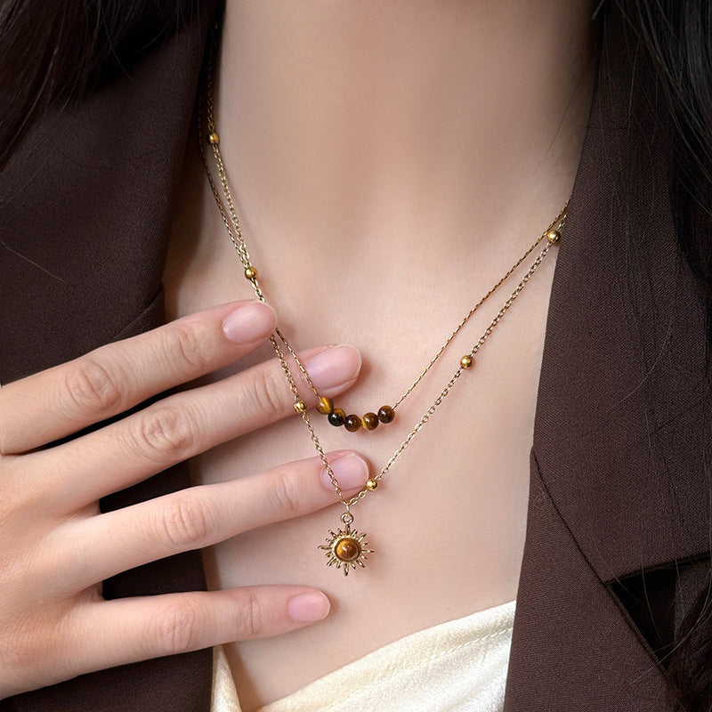 Vintage Gold Sunflower Tiger's Eye Necklace Women's Niche Design Sense Stacking Sweater Chain Autumn Winter Clavicle Chain Accessories