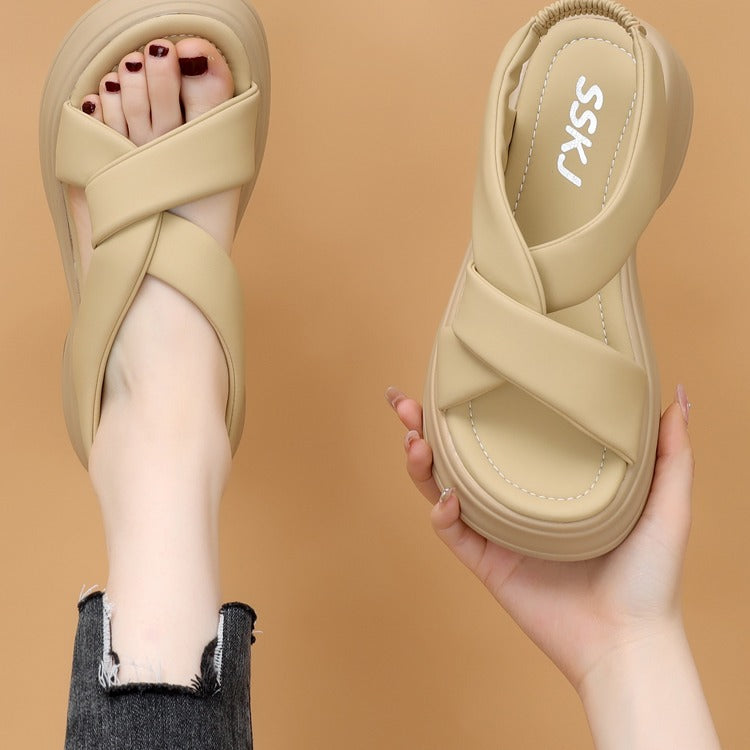 Thick-soled heightened sandals for women's summer 2024 new simple with skirt slimming white beach shoes