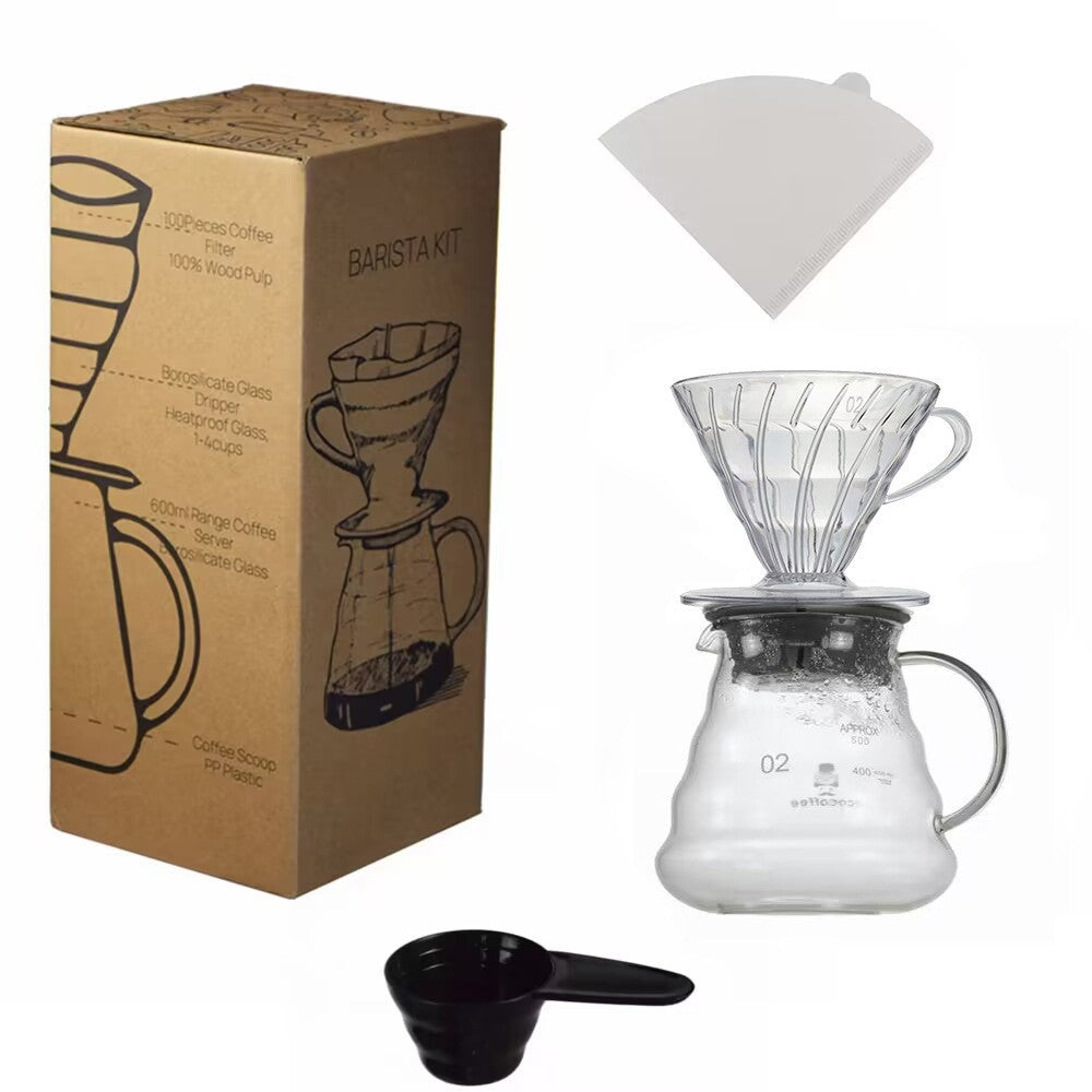 Entry-level hand-pour-over coffee utensil combination set: Gaopeng glass filter cup, cloud pot, coffee filter, paper measuring spoon