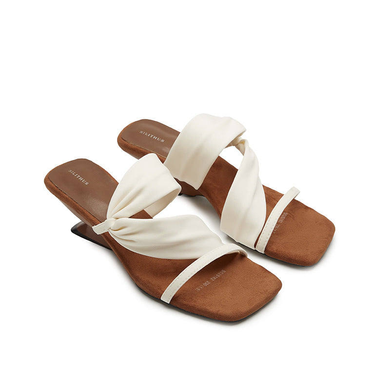 Sheepskin color-blocked retro square toe straight with wedge heel slippers women's summer wear Korean version of open-toe high-heeled sandals
