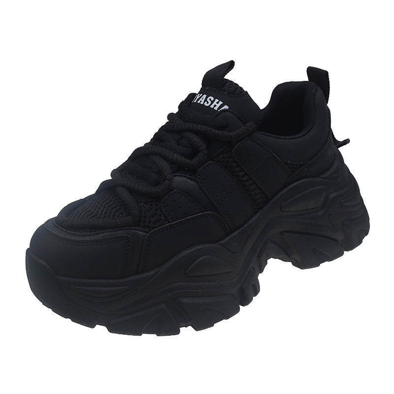 Heightened thick-soled dad shoes women's spring mesh breathable and versatile 2025 new popular Hong Kong style solid color sports women's shoes