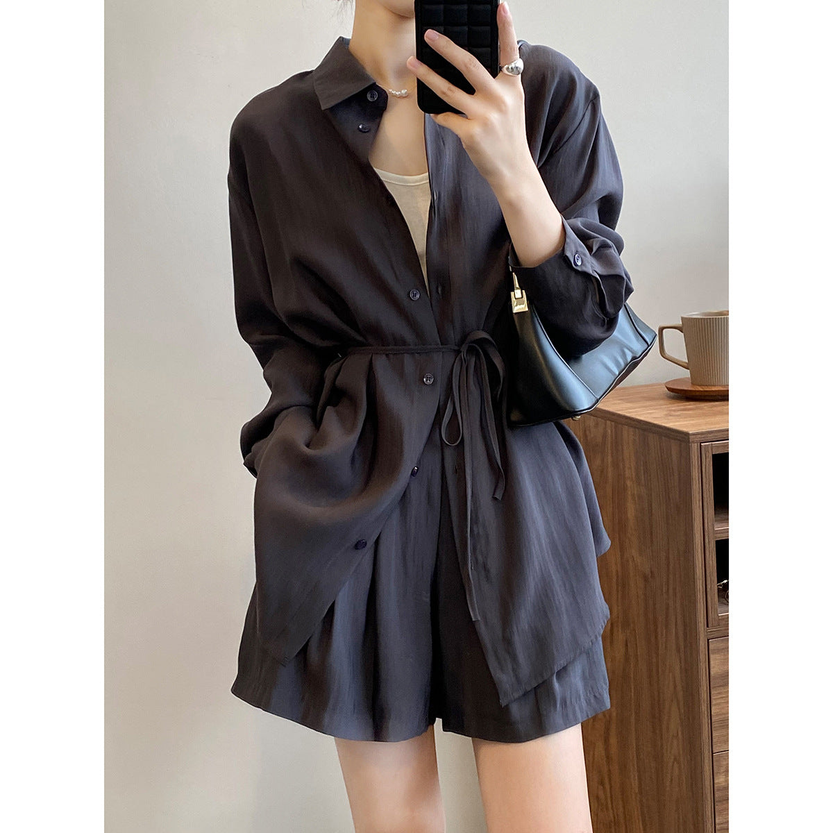Words double drape breathable sunscreen shirt set women's summer loose thin shirt wide-leg shorts women's 80573